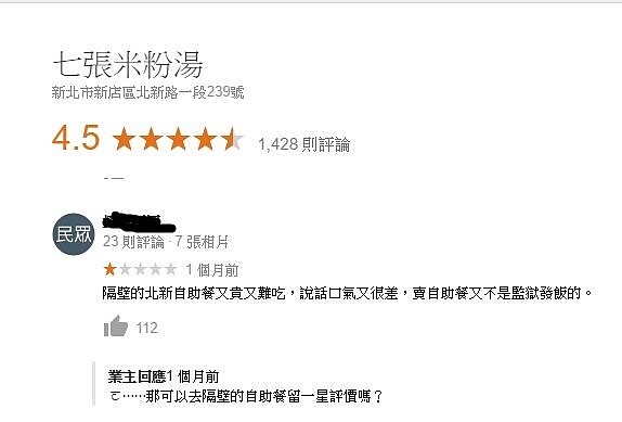 匿名網友在google評論中留言批評七張米粉湯。(擷取自google評論)