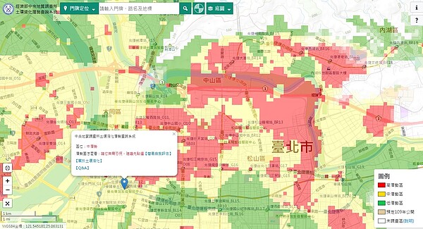 台北車站為中度風險(黃色區域)的土壤液化潛勢區。(圖/土壤液化潛勢資料)