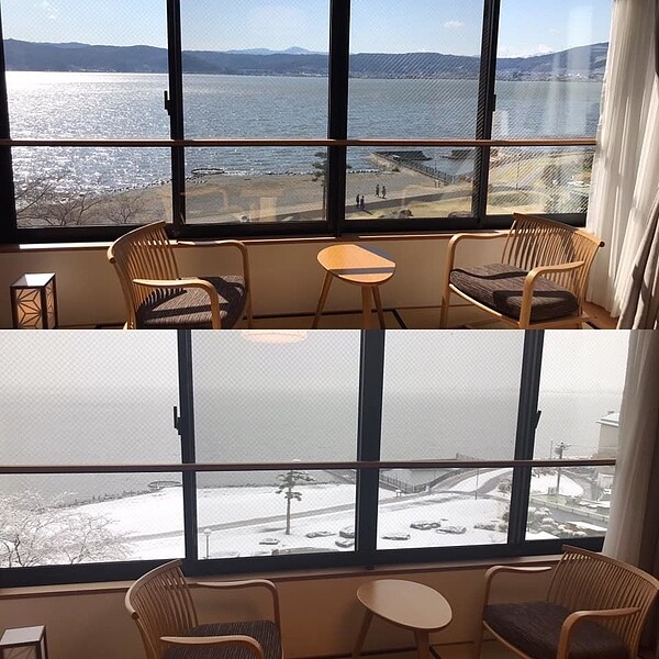 下塌長野縣諏訪湖畔的台灣遊客分享「平成最後的冷氣團」,昨日入住時還是上圖,一覺醒來變下圖。讀者提供