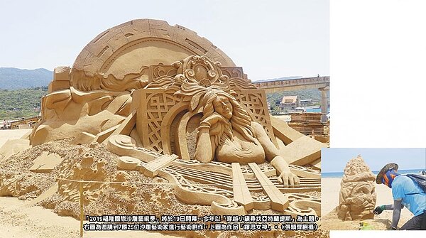 「2019福隆國際沙雕藝術季」將於19日開幕,今年以「穿越小鎮尋找亞特蘭提斯」為主題,圖為邀請到7國25位沙雕藝術家進行藝術創作;小圖為作品「繆思女神」。(張穎齊翻攝)