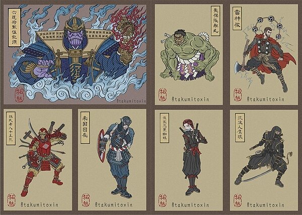 日本知名畫家Takumi Toxin將復仇者聯盟的角色依照不同的特性,畫出別具特色的浮世繪風格插畫。圖/擷自/Takumi Toxin