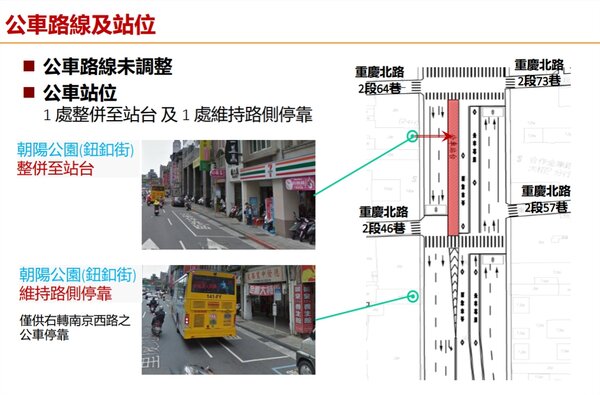 台北市交通局計畫在重慶北路（民生西路-南京東路）的西側建設公車專用道，目前還在規劃階段，尚未定案。計畫示意圖／台北市交通局提供