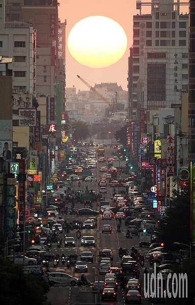 高雄青年路懸日美景今年1月底出現，火紅的夕陽緩緩地從青年路底慢慢落下，金黃陽光映照在大馬路上景色迷人。聯合報資料照片