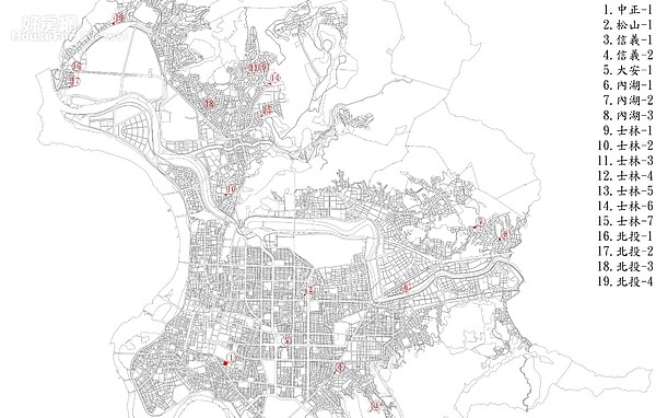 台北市海砂屋都更地區位置示意圖。台北市都更處提供