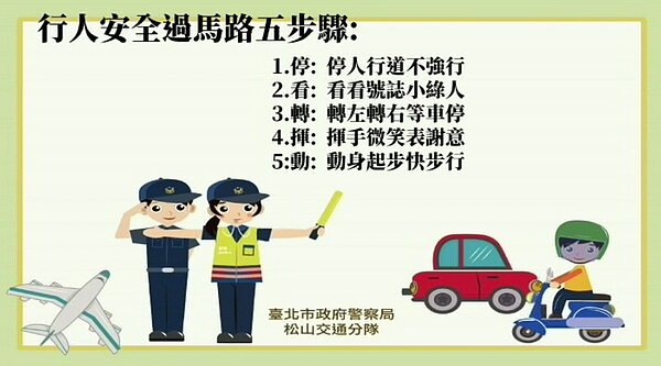 台北松山警分局製作交通小教室影片，呼籲行人遵守交通規則。記者蔡翼謙／翻攝