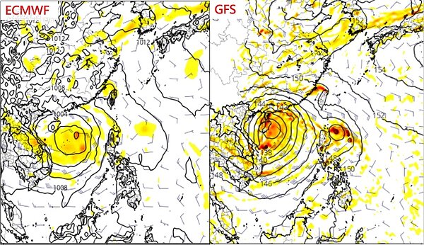 歐洲模式(左)及美國模式(右圖)模擬下周二20時天氣圖顯示,南海有熱帶擾動發展,兩模式模擬強度不同,位置差異也很大;美國模式模擬則另有一擾動在呂宋島東北方。圖/取自tropical tidbits、「三立準氣象·老大洩天機」專欄