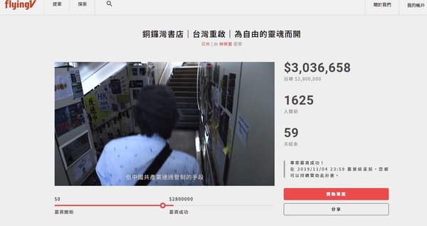 香港銅鑼灣書店在募資平台上爭取重啟資金。圖／截自flyingV