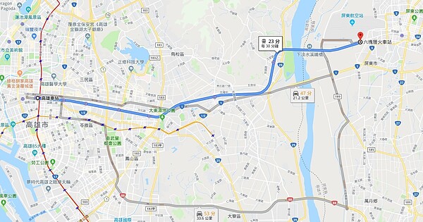 六塊厝車站的位置其實比高雄火車站更北邊，對於帶動墾丁觀光效果令人存疑。取自Google Maps