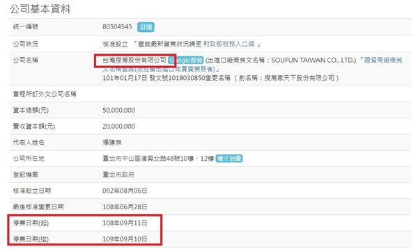 根據經濟部商業司登記資料顯示，台灣搜房公司已於2019年9月11日停業。圖／截自經濟部