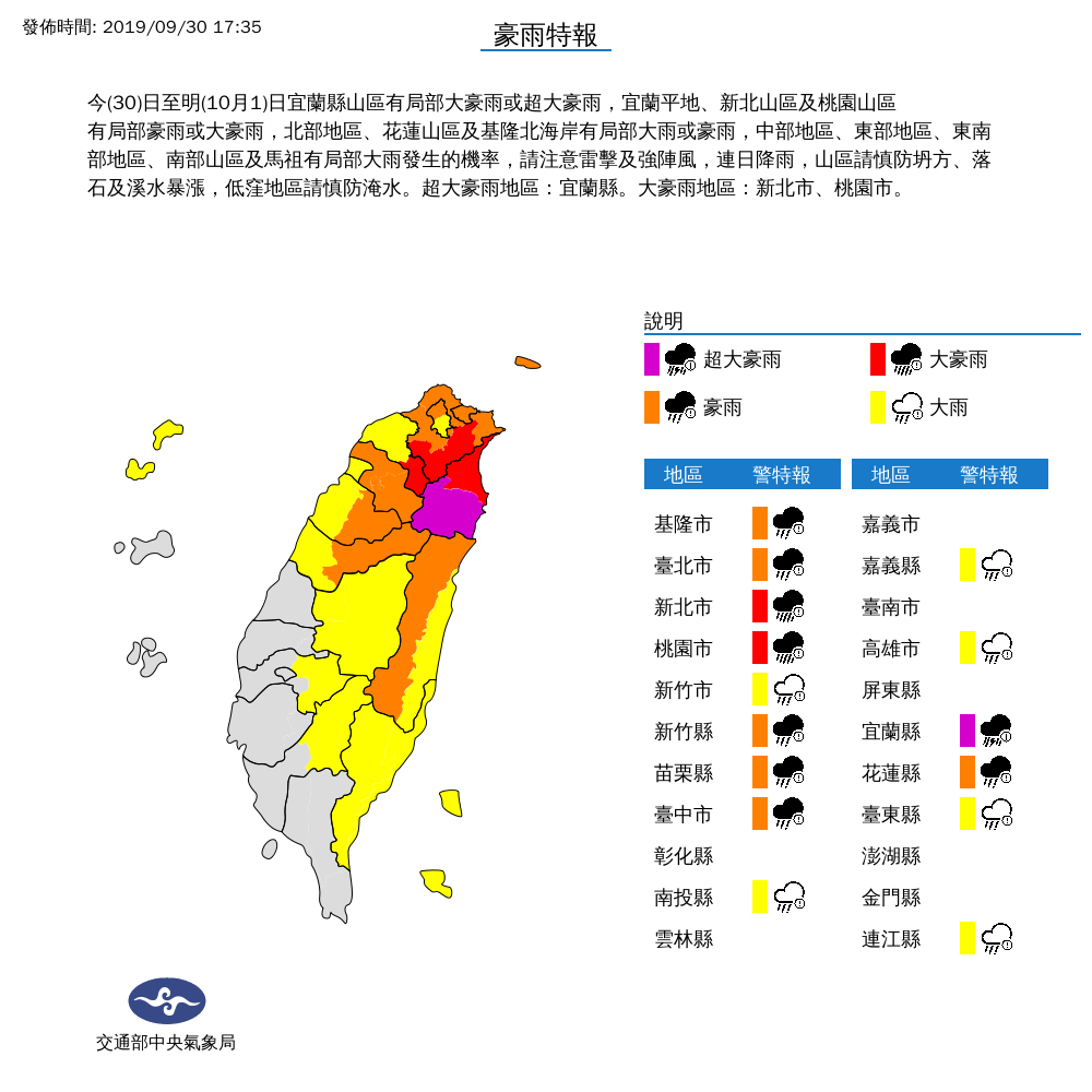 氣象局下午5時35分再度針對米塔颱風發出豪雨特報，其中宜蘭為超大豪雨，新北也要慎防大豪雨。圖／中央氣象局提供