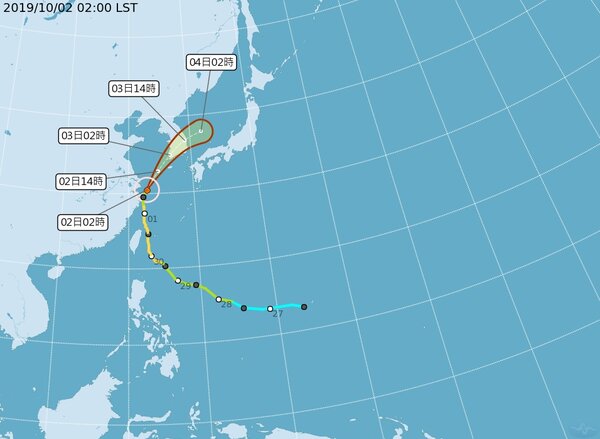輕颱米塔受西風帶影響，向東北加速。圖／取自氣象局網站