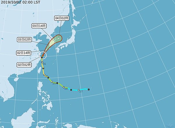 輕颱米塔受西風帶影響，向東北加速。圖／取自氣象局網站