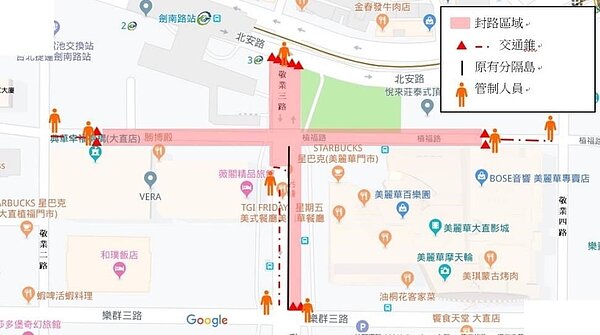 「白晝之夜」將從5日傍晚6點到6日清晨6點於捷運劍南路站等地登場，周邊植福路與敬業三路部分區段將在5日下午3點到6日凌晨1點實施禁行車輛交通管制。圖／北市交通警察大隊提供