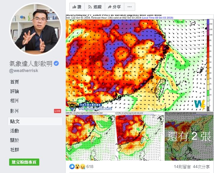 天氣風險公司總經理彭啟明說，受境外汙染物的影響，現在西半部從北到南都是一片「滿江紅」。圖／摘自彭啟明臉書專頁