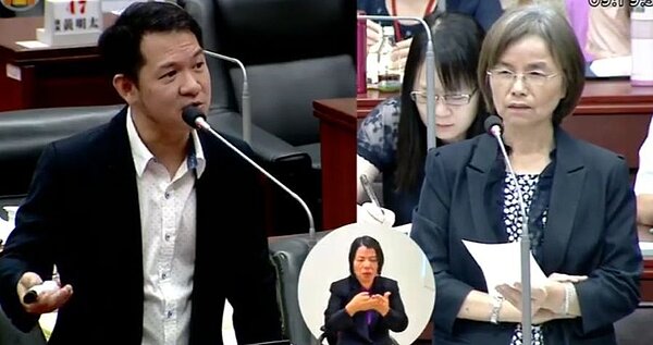 高雄市議員林于凱(左)質詢市府動支第二預備金不嚴謹,市府主計處長張素惠表示第二預備金動支都依規定辦理。 圖/翻攝高雄市議會質詢畫面