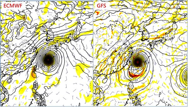 4日20時歐洲(ECMWF)模式,模擬13日20時預測圖顯示,颱風位置大約在琉球附近海面(左圖);同時的美國(GFS)模式模擬預測圖顯示,其位置大致類似、但距台灣較近(右圖)。圖/取自tropical tidbits