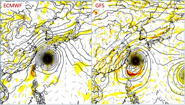 4日20時歐洲（ECMWF）模式，模擬13日20時預測圖顯示，颱風位置大約在琉球附近海面（左圖）；同時的美國（GFS）模式模擬預測圖顯示，其位置大致類似、但距台灣較近（右圖）。圖／取自tropical tidbits