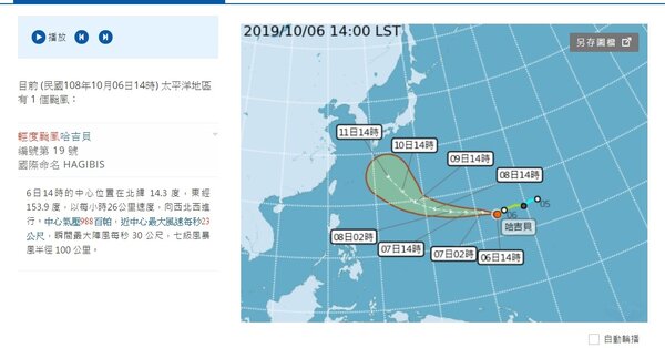 熱帶性低氣壓已於6日晨2時發展成颱風，命名為「哈吉貝」、今年第19號。圖／截自氣象局