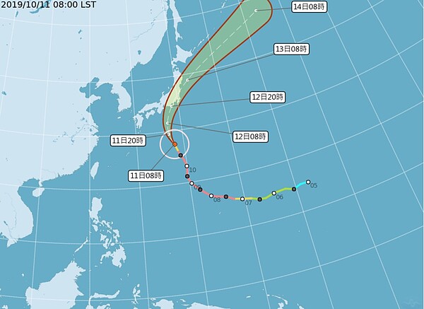 中颱哈吉貝往日本方向前進。圖／取自中央氣象局網站