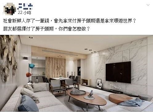 黃姓女網友在臉書「爆廢公社」PO文說,「社會新鮮人存了一筆錢,會先拿來付房子頭期還是拿來環遊世界?」圖/翻攝臉書社團爆廢公社