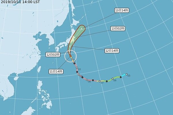 中颱哈吉貝將往北移動並通過日本地區。 圖/取自中央氣象局網站