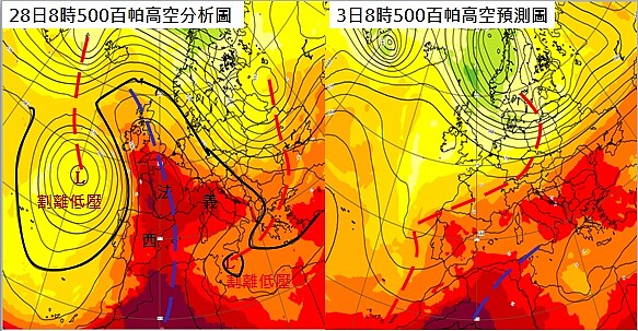 歐洲中期預報中心(ECMWF)28日8時500百帕高空圖分析(左)顯示，在歐洲被氣象上所謂的阻塞高壓（藍虛線）盤據，兩側則為低壓槽（紅虛線），甚至於發展成割離低壓，使得大氣型態變化緩慢。（圖／取自「三立準氣象·老大洩天機」專欄）