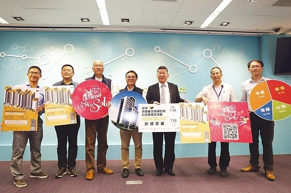 台中市都發局長黃文彬(左4),9日持台中購物節抽豪宅看板,感謝台中市不動產開發公會及鴻邑建設公司贊助,歡迎民眾踴躍下載APP,到台中市消費有機會中大獎、住豪宅。圖/台中市都發局提供