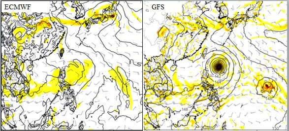 最新(10日20時)歐洲中期預報中心(ECMWF)及美國(GFS)模式，模擬17日20時地面圖顯示，在菲律賓東方海面有「熱帶擾動」發展，兩模式模擬的強度及位置皆不盡相同。圖／取自tropical tidbits、「三立準氣象·老大洩天機」專欄