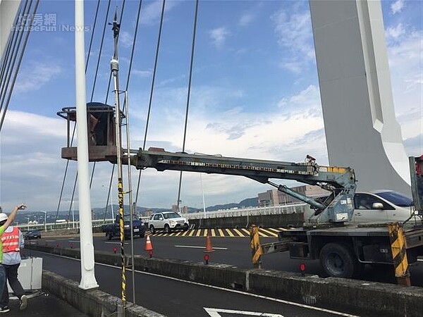 團隊人員在社子大橋上,建設監測系統。(台北市政府資訊局提供)