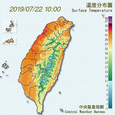 22日溫度分布圖。 (圖/中央氣象局)