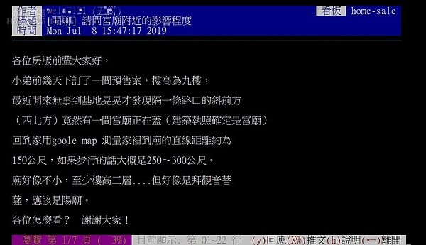 PPT上網友發問,住家附近有宮廟好壞,引發正反論戰。圖/取自PTT Home-sale板