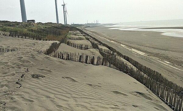 桃園市沿海草漯沙丘被喻「台版沙哈拉」自然地景美景（見圖），市政府興建草漯沙丘地景公園新設第一期工程動工，未來遊客近距體驗沙丘之美。記者曾增勳／攝影