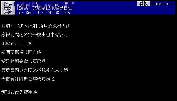 民眾上網發問家裡位在士林的老公寓，應該要收回自住還是要收租繳房貸。圖／取自PTT