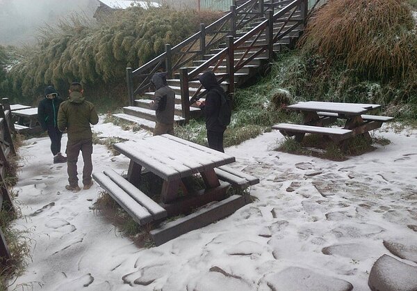 雪山369山莊今天凌晨出現冰霰，上午9點多已開始飄雪。圖／布農卡里布灣高山協作提供
