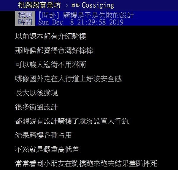 一名網友在批踢踢上表示,騎樓被占用的情況嚴重,且地面高低落差大,問說「騎樓是不是失敗的設計?」。圖/翻攝PTT