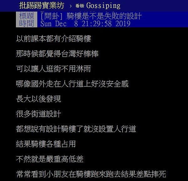 一名網友在批踢踢上表示，騎樓被占用的情況嚴重，且地面高低落差大，問說「騎樓是不是失敗的設計？」。圖／翻攝PTT