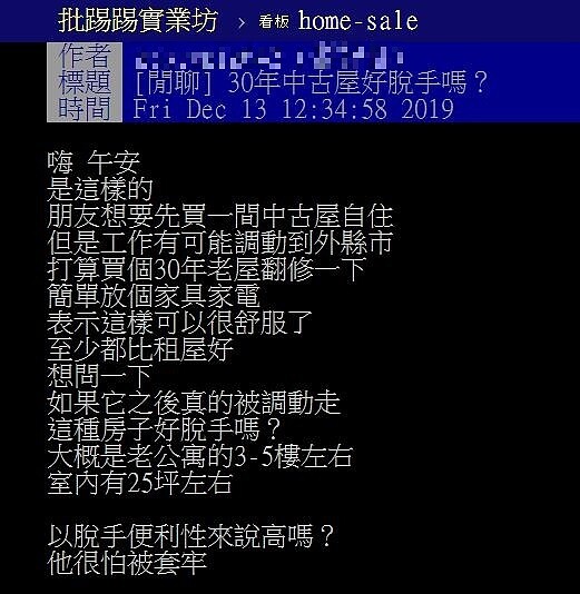 網友在PTT上發問，朋友正考慮買一間30年老公寓，但怕工作關係調動到外縣市，房子勢必要脫手，想知道30年中古屋，到底值不值得買？圖／翻攝PTT
