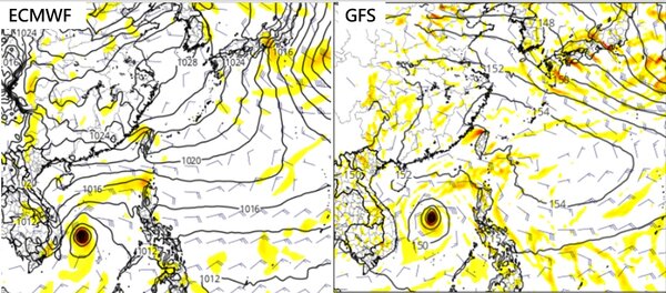 最新(20日20時)歐洲中期預報中心（左圖）及美國（右圖）模式，皆模擬岀27日20時，在南海有颱風活動跡象。圖／取自tropical tidbits、「三立準氣象．老大洩天機」專欄