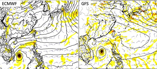 最新(20日20時)歐洲中期預報中心(左圖)及美國(右圖)模式,皆模擬岀27日20時,在南海有颱風活動跡象。圖/取自tropical tidbits、「三立準氣象.老大洩天機」專欄