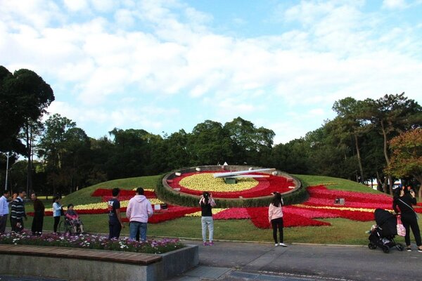 以聖誕紅及聖誕黃為主題的青年花鐘，吸引許多民眾拍照留念。圖／台北市公園處提供