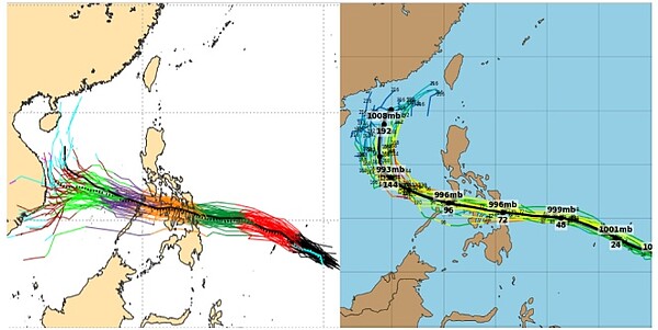 最新歐洲中期預報中心(ECMWF)系集模式(圖左)，及美國(GFES)系集模式(圖右)皆模擬出，巴逢未來路徑通過菲律賓、進入南海；模式模擬的末期，有比較大的差異。右圖擷自tropical tidbits。圖／取自「三立準氣象．老大洩天機」專欄