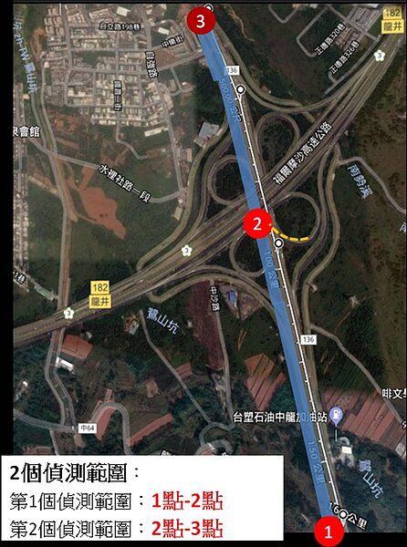 沙鹿區向上路6段長下坡路段實施2段區間測速示意圖。圖/台中市警察局提供