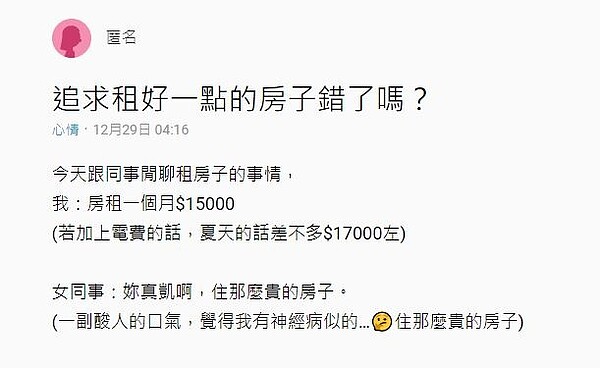 一名女網友在「Dcard」上抱怨，自己在月入35K的情困下，問了居住品質租了15K的房子，卻被同事酸「真凱」，讓她相當不解。圖／翻攝Dcard