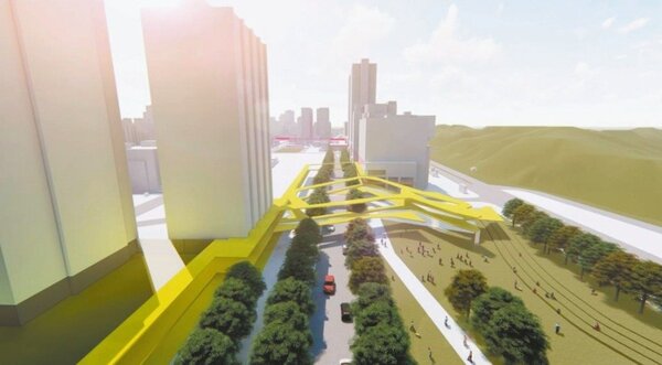 台北市推動東區門戶計畫，首次曝光全長近800公尺的「南港綠廊」，融入生態、韌性城市概念。 圖／翻攝自北市府簡報