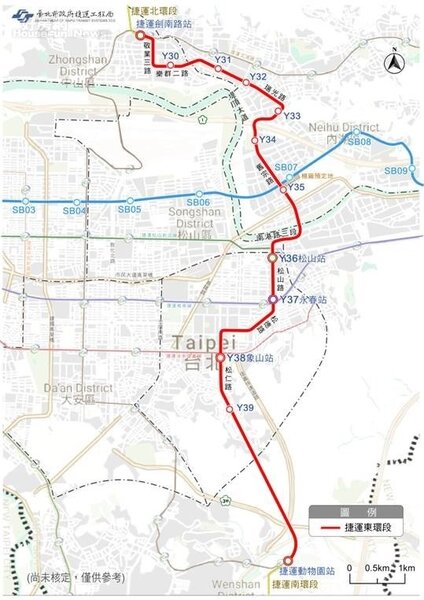 環狀線東環段規劃路線示意圖。圖片台北市捷運局提供
