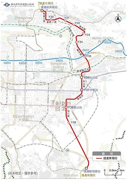 環狀線東環段規劃路線示意圖。圖片台北市捷運局提供