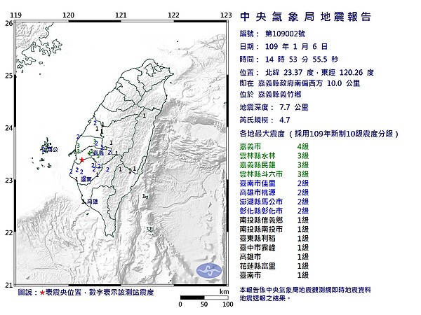 嘉義縣1/6下午發生規模4.7地震。（圖／中央氣象局）