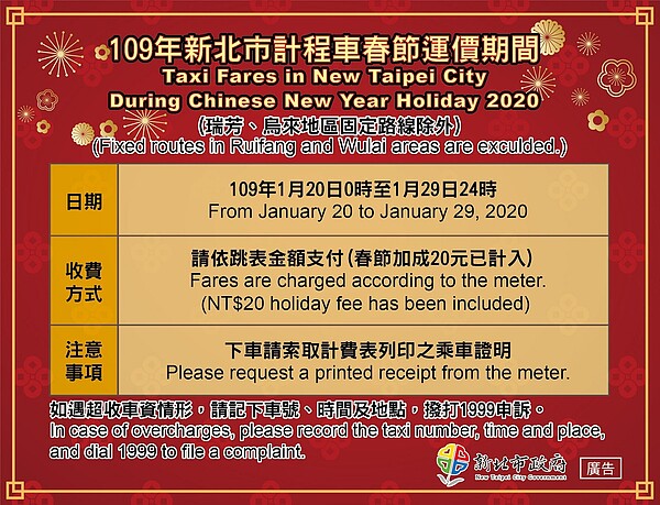 2020春節新北市計程車運價。圖/新北市政府提供