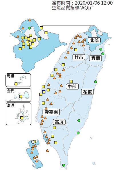 6日西半部高達43個空品測站亮「橘燈」。圖/取自空品監測網