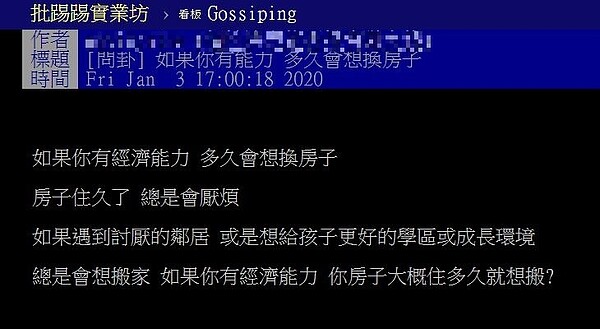 有網友近日在PTT上以「如果你有能力，多久會想換房子？」為題發問。圖／翻攝PTT